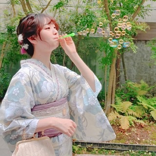 浴衣でしゃぼん玉(♥ω♥*)